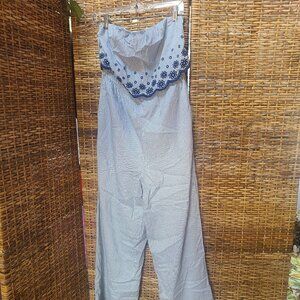 Japna Blue White Stripe Sleeveless One-Jumpsuit Size Large Embroidered
